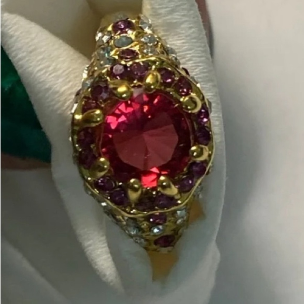 Ruby Colored Ring With Rhinestones - Gold Tone - image 1